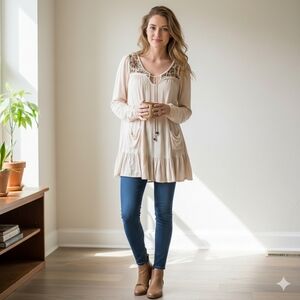 Altar'd State Cream Tapestry Boho Tunic Top Size L